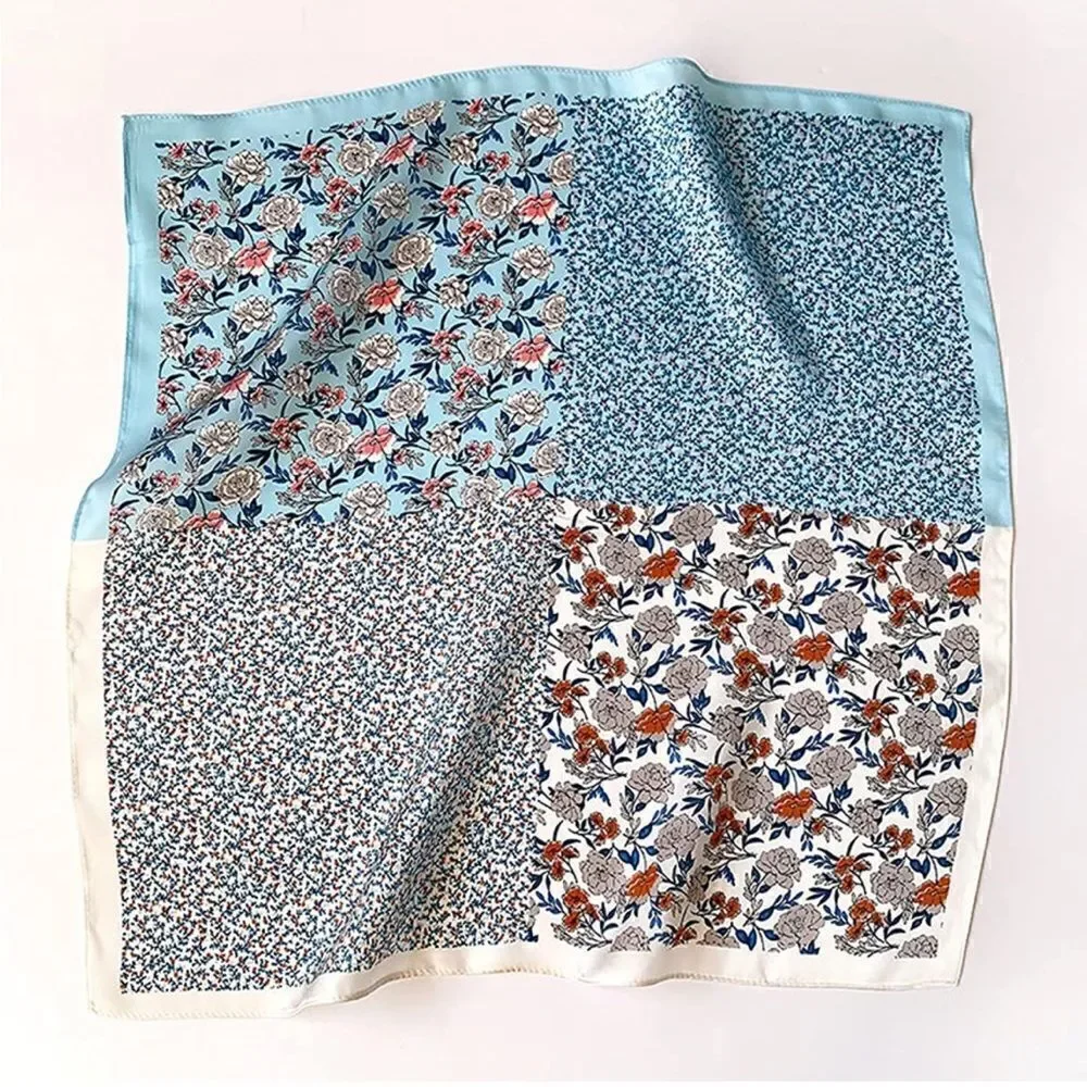 Blue Floral Mulberry Silk Neck Scarf